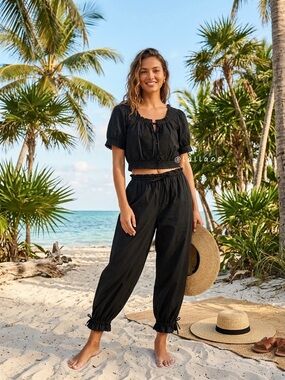 House of Harlow 1960 Black Eyelet Embroidered Crop Top Pants Set